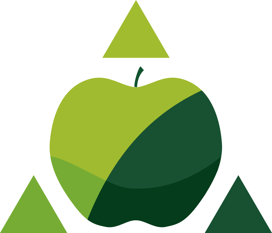 Logo EQN-GAU grüne Dreiecke und grüner Apfel in der Mitte
